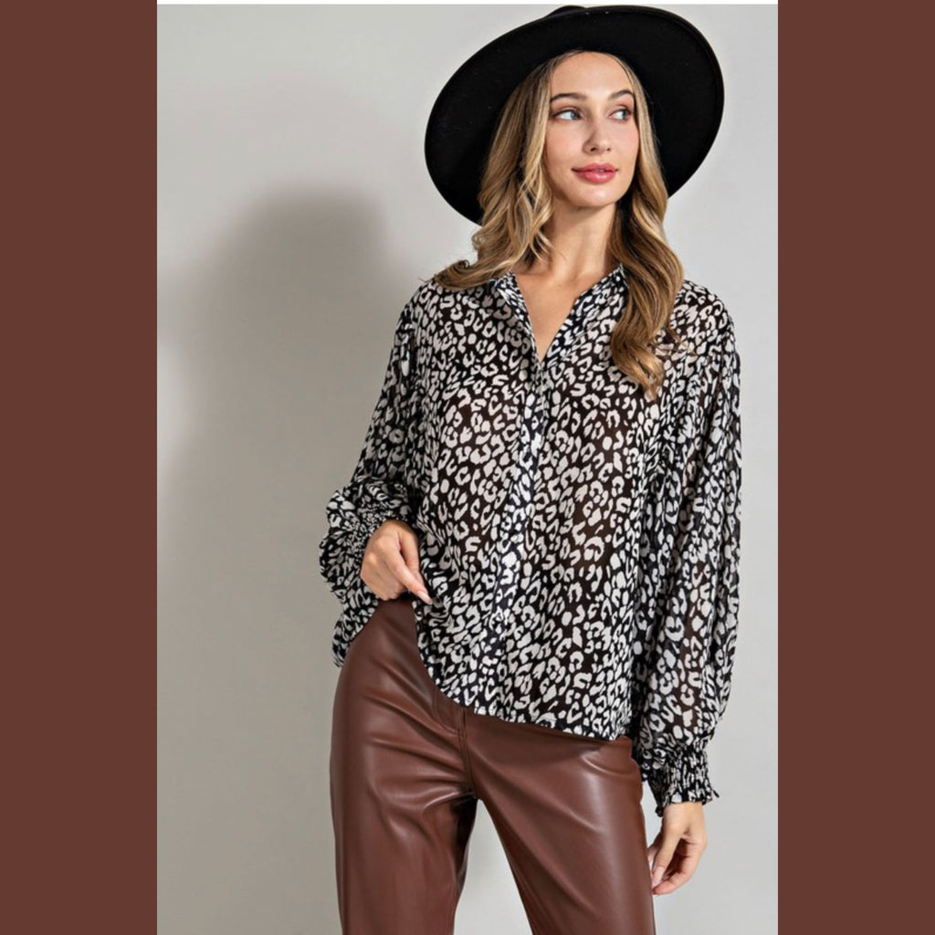 Printed draped dolman button front top