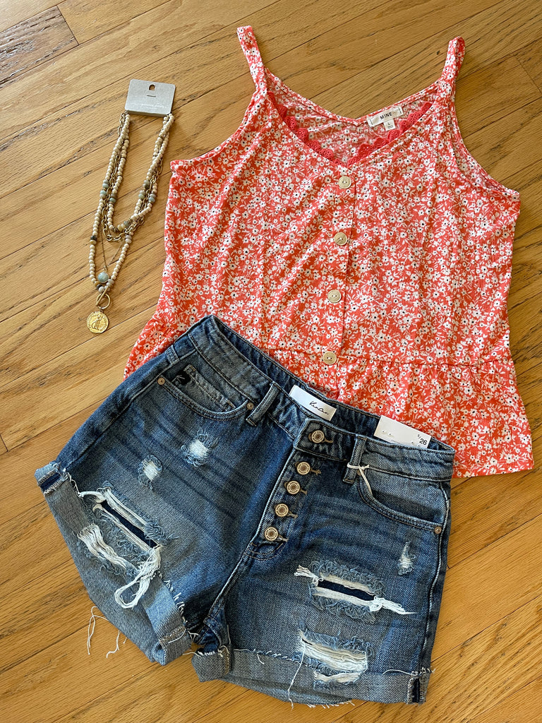 Buttoned lace detail tank