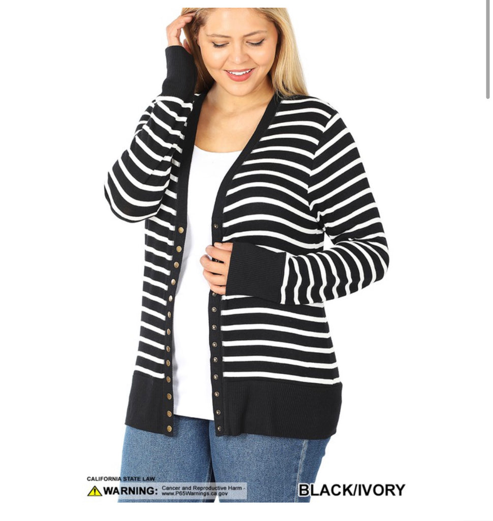 Snap front stripe ivory/black cardigan sweater (reg and plus)