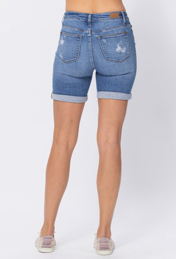 Judy blue mid length destroyed denim shorts