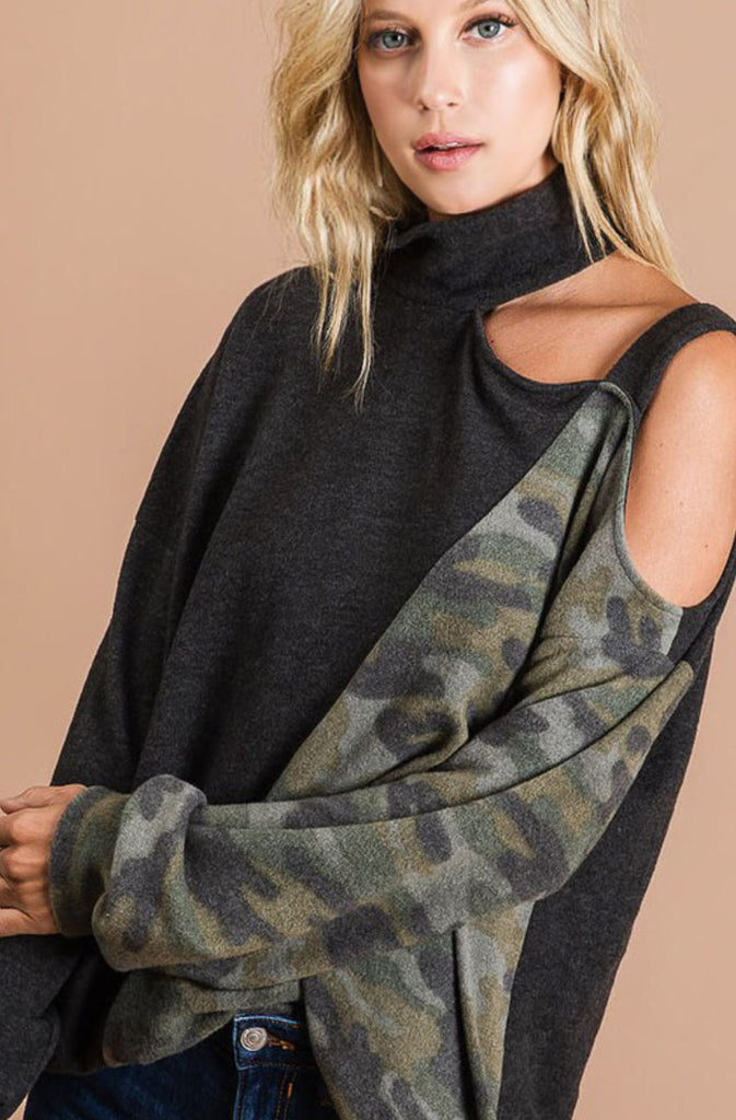 Brushed knit camo block with open shoulder top
