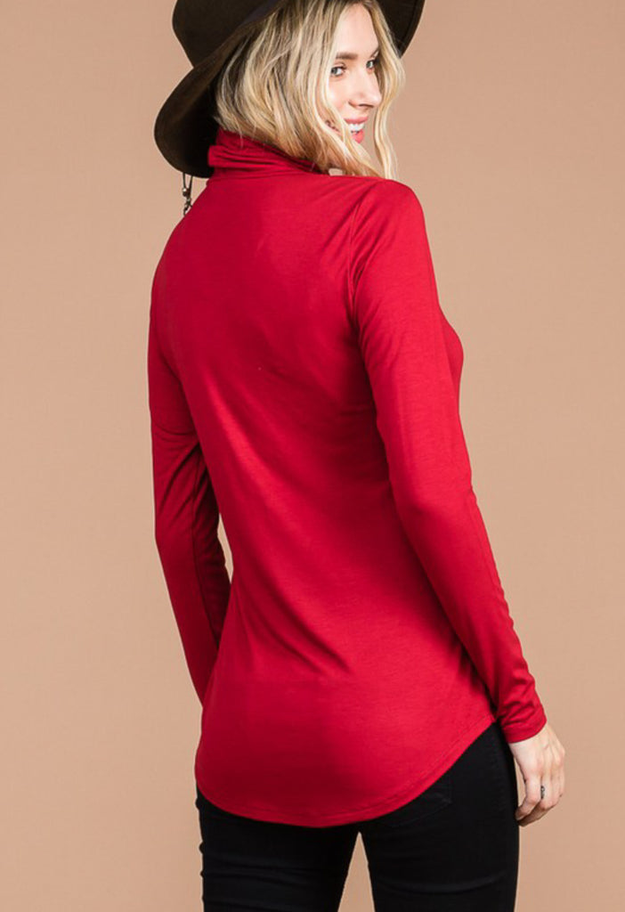 Red mock neck long sleeve top