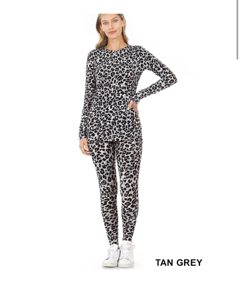 Microfiber grey leopard long sleeve top and leggings set