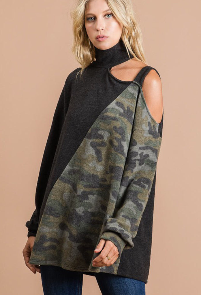Brushed knit camo block with open shoulder top