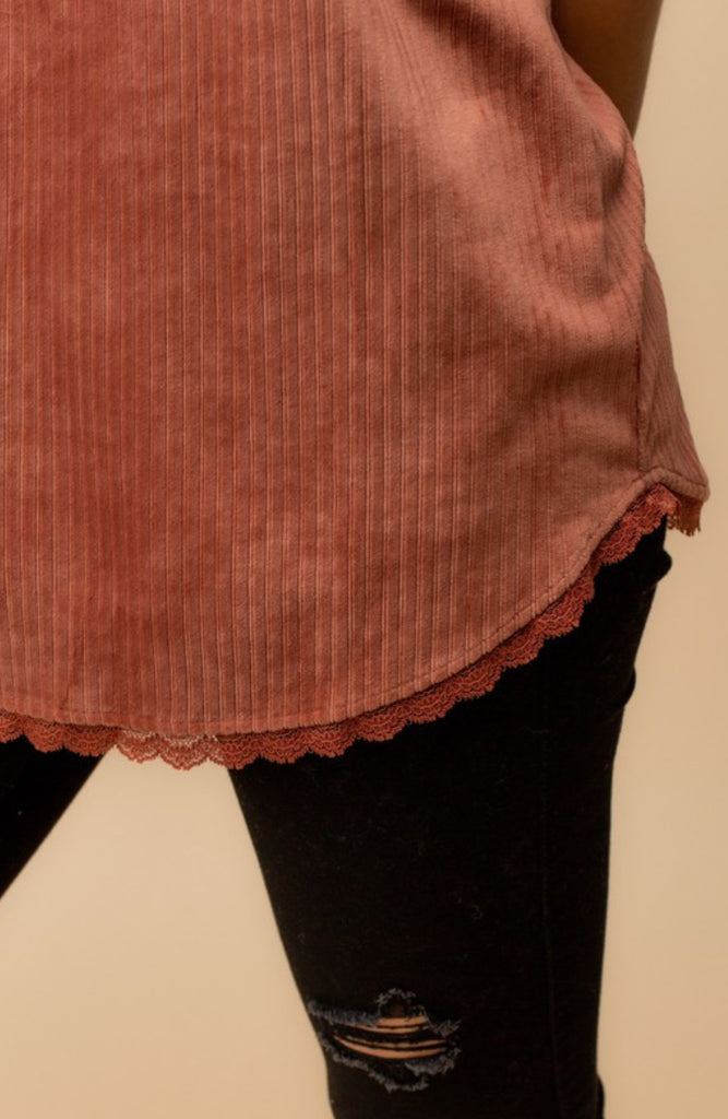 Velvet cami with lace trim- Rust