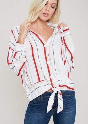 Knotted Hem Stripe Button Down-Tomato